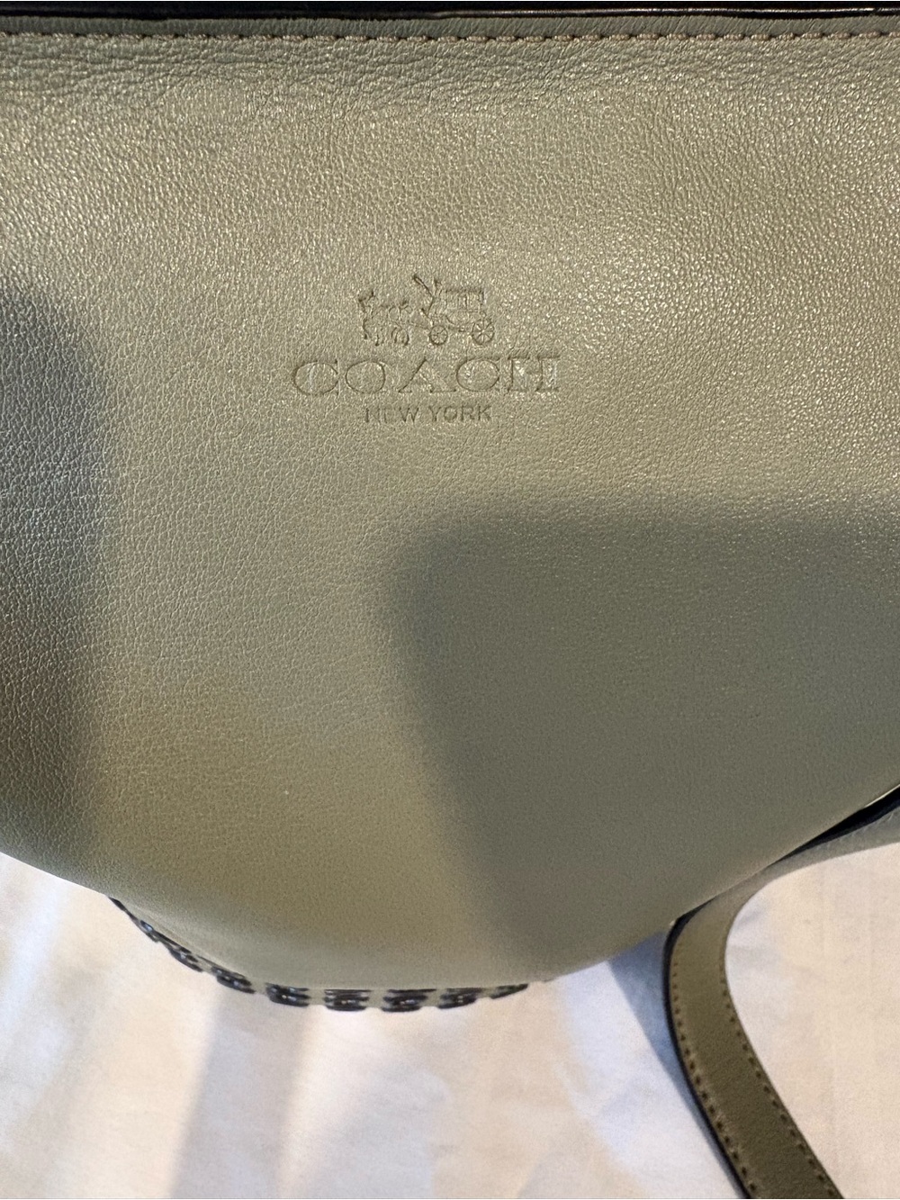 Coach Bleecker Grommets Olive Grey Leather Crossbody Bucket Bag - Picture 2 of 12